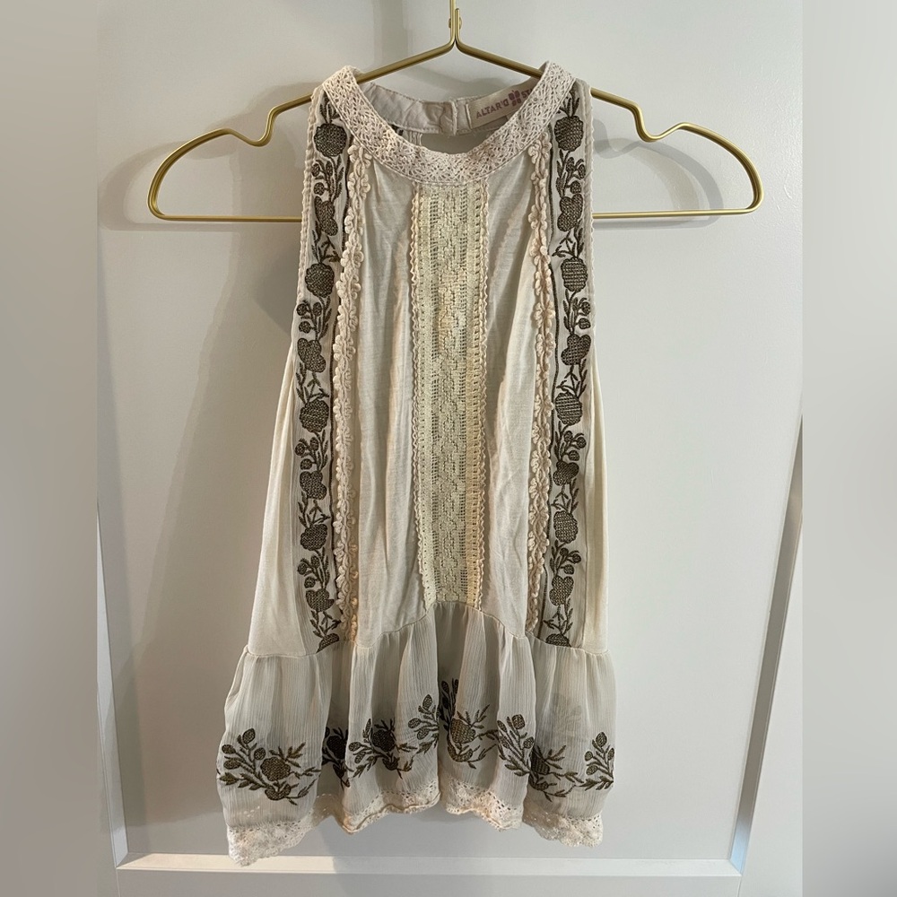 Altar’d State High Neck Sleeveless Top with Lace and Embroidered Floral Accents